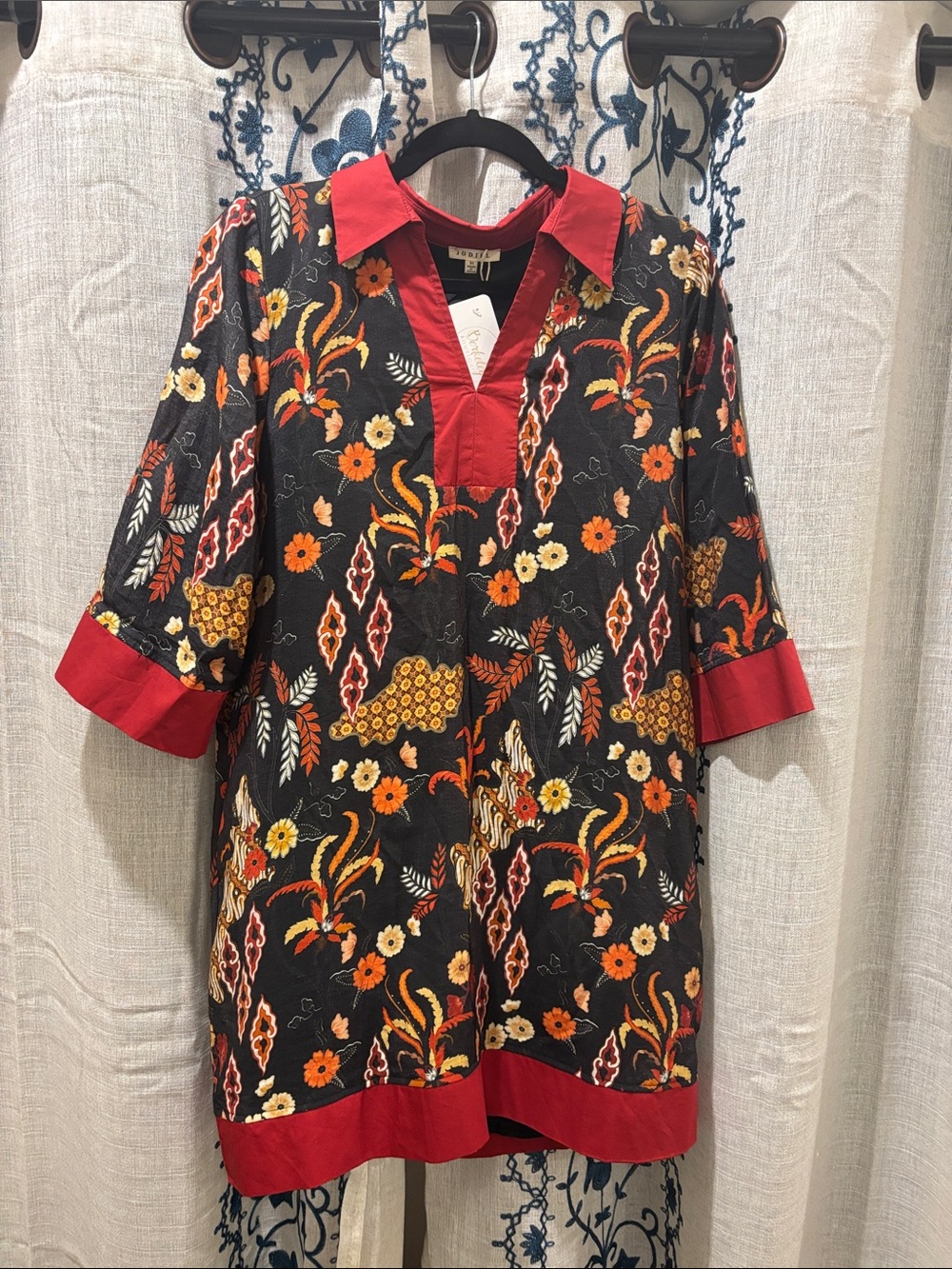 JODIFL Black Button-Down Tunic with Red Trim and Floral Print